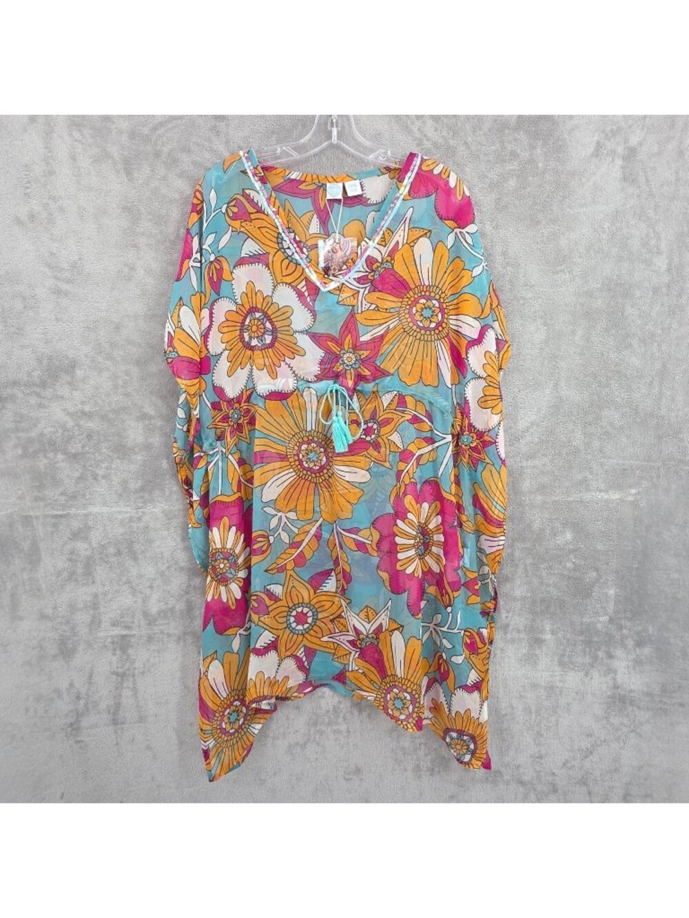 Sorbetto Accessories Donna Caftan OS Semi Sheer Colorful Retro Floral Boho New